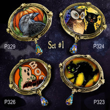 Load image into Gallery viewer, Owl and Black Cat Halloween Pin - Sweet Romance Wholesale