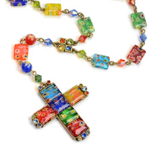 Load image into Gallery viewer, Millefiori Glass Candy Cross Rosary Necklace - Sweet Romance Wholesale